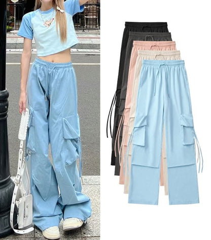 High Rise Drawstring Pocket Plain Wide Leg Cargo Sweatpants