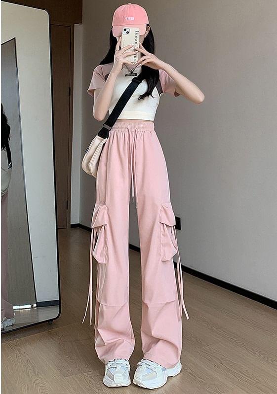 High Rise Drawstring Pocket Plain Wide Leg Cargo Sweatpants