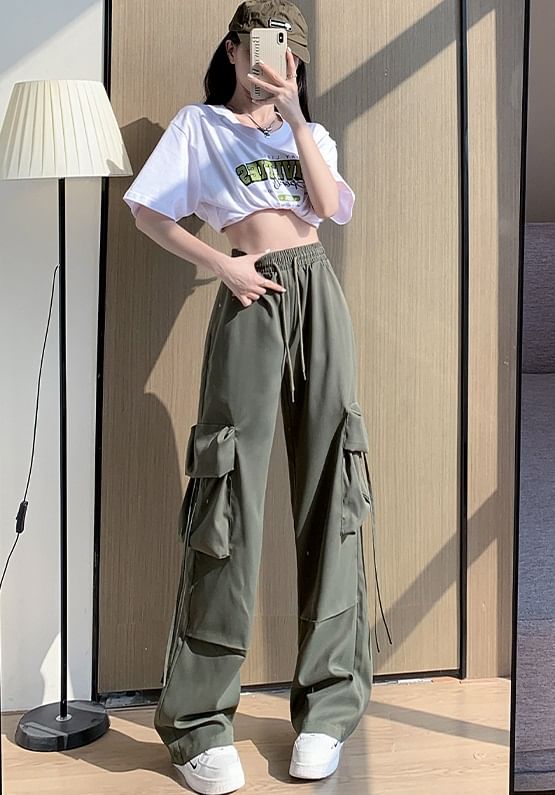 High Rise Drawstring Pocket Plain Wide Leg Cargo Sweatpants