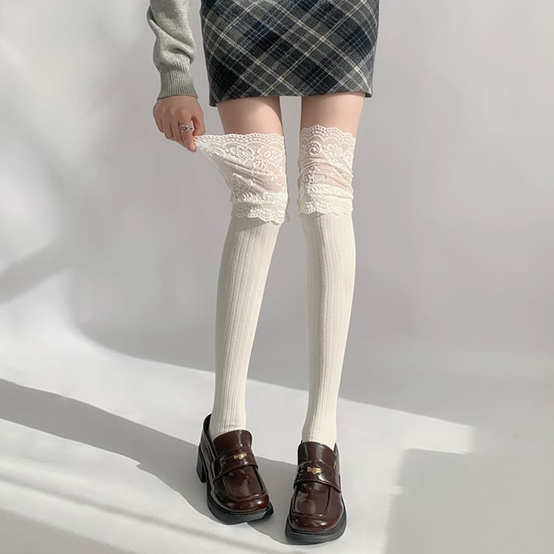 Plain Panel Lace Over The Knee Socks