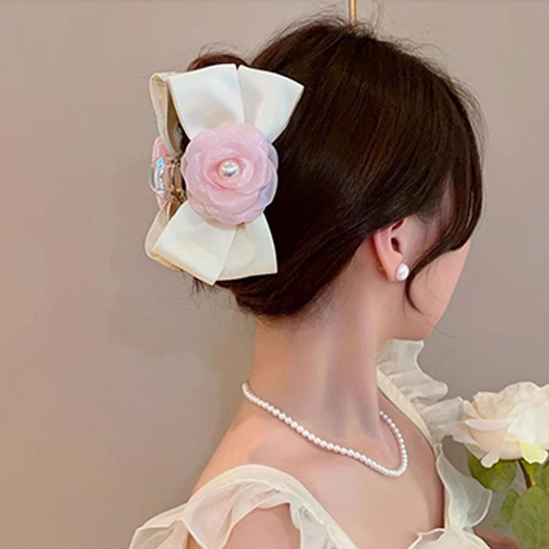 Floral Faux Pearl Bow Hair Claw