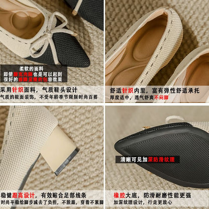 Bow Pointed Block Fabric Pumps Heel