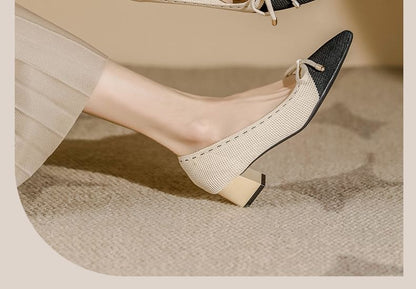 Bow Pointed Block Fabric Pumps Heel