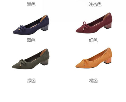 Bow Pointed Block Fabric Pumps Heel