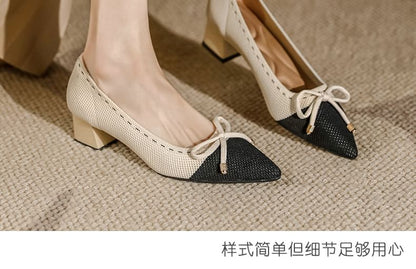 Bow Fabric Pointed Block Heel Pumps