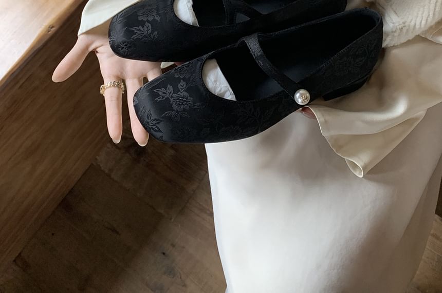 Fabric Mary Jane Pearl Flats Faux