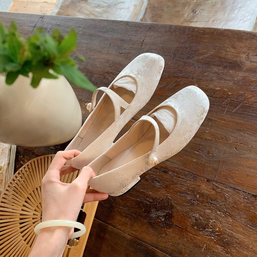 Fabric Mary Jane Pearl Flats Faux