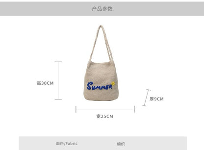 Lettering Embroidered Woven Bucket Bag