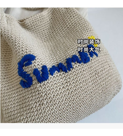 Lettering Embroidered Woven Bucket Bag