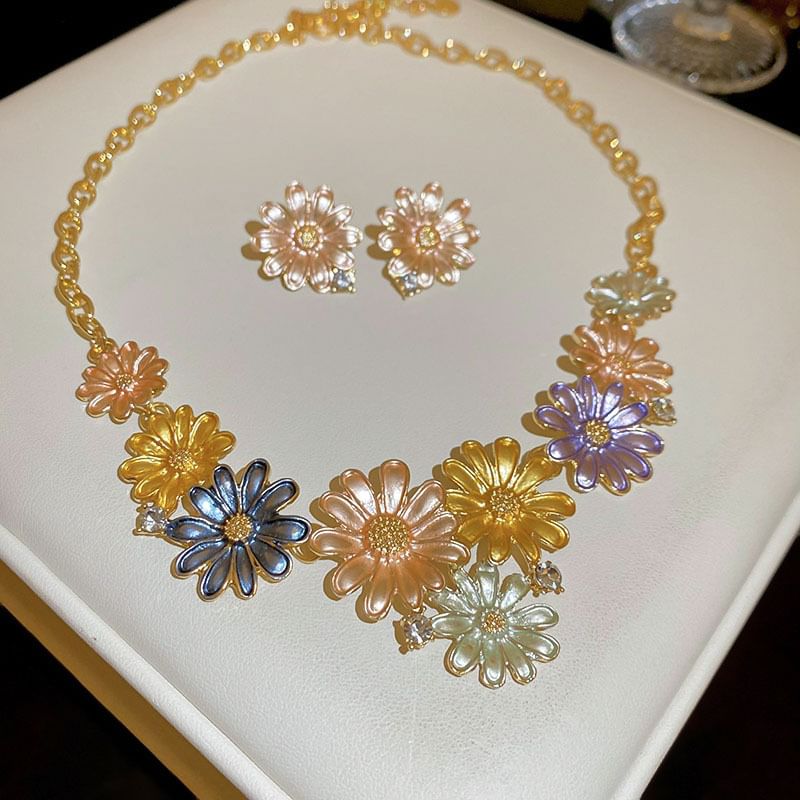 Floral Alloy Stud Earring / Rhinestone Choker