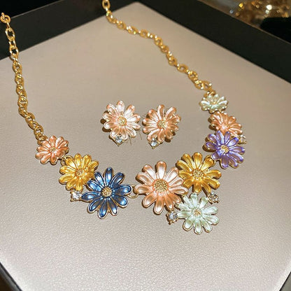 Floral Alloy Stud Earring / Rhinestone Choker