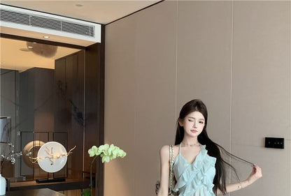 Asymmetrical Halter-Neck Ruffled Tie-Dyed Top