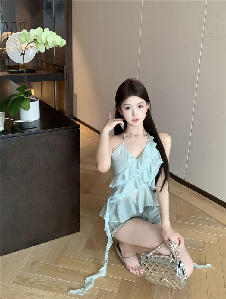 Asymmetrical Halter-Neck Ruffled Tie-Dyed Top