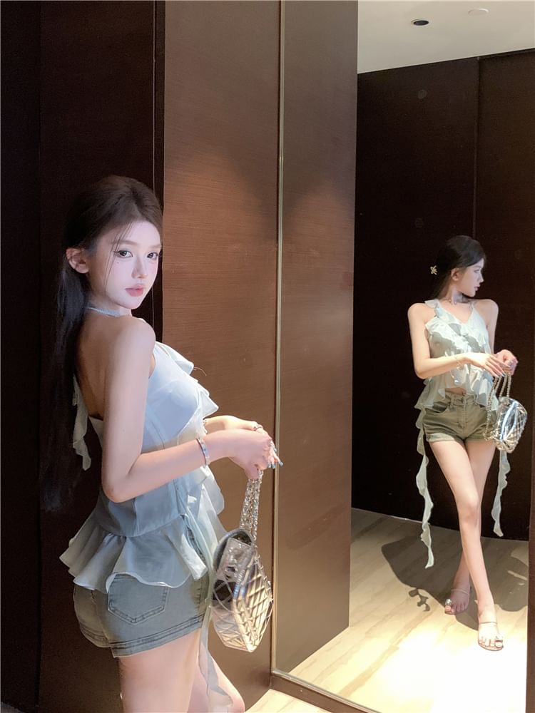 Asymmetrical Halter-Neck Ruffled Tie-Dyed Top