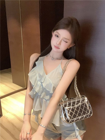 Asymmetrical Halter-Neck Ruffled Tie-Dyed Top