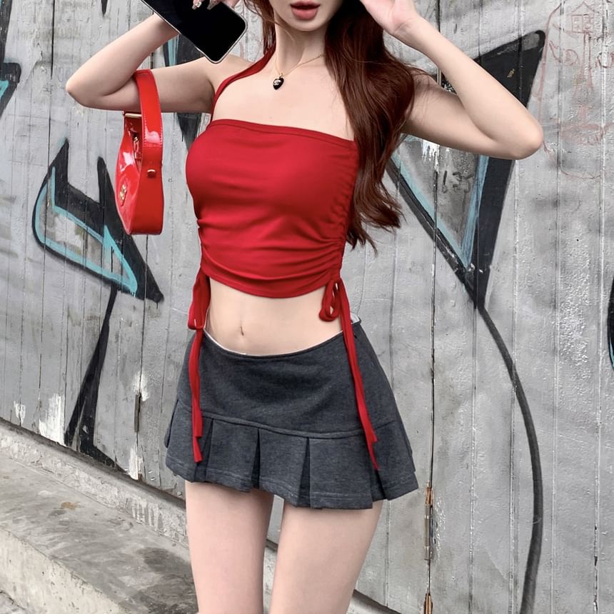 Plain A-Line Crop Mid Mini Waist Skirt Pleated / Drawstring Halter Top