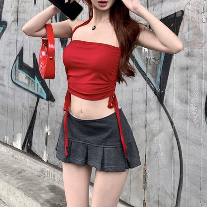 Plain A-Line Crop Mid Mini Waist Skirt Pleated / Drawstring Halter Top
