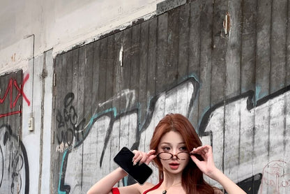 Plain A-Line Crop Mid Mini Waist Skirt Pleated / Drawstring Halter Top