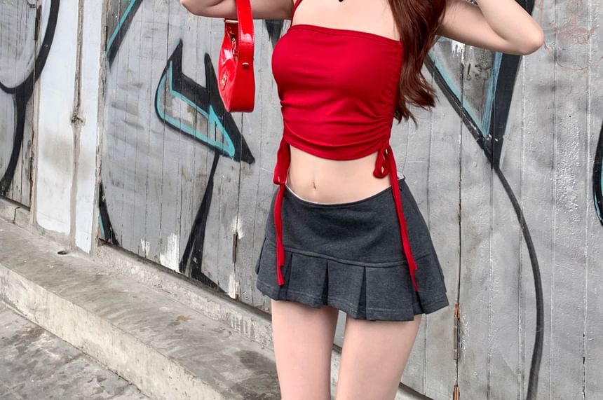 Plain A-Line Crop Mid Mini Waist Skirt Pleated / Drawstring Halter Top