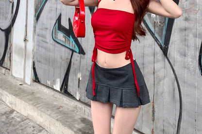 Plain A-Line Crop Mid Mini Waist Skirt Pleated / Drawstring Halter Top