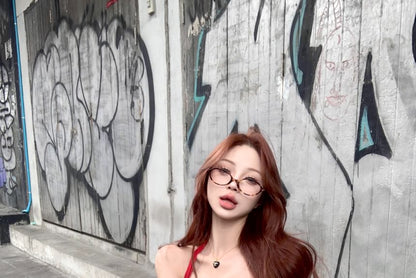 Plain A-Line Crop Mid Mini Waist Skirt Pleated / Drawstring Halter Top