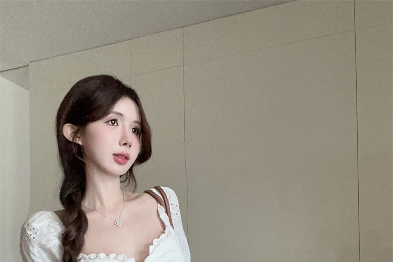 Skirt High Rise Tiered Lace Embroidered Blouse Short-Sleeve Neck Square Tie / Front A-Line Mini Eyelet