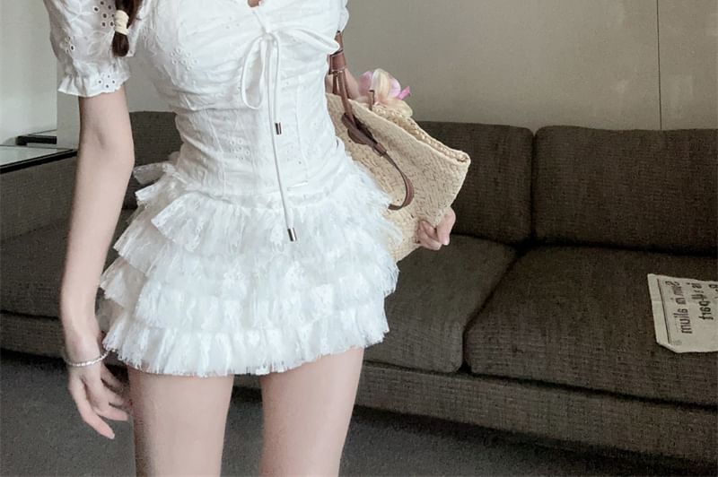 Skirt High Rise Tiered Lace Embroidered Blouse Short-Sleeve Neck Square Tie / Front A-Line Mini Eyelet