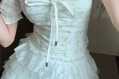 Skirt High Rise Tiered Lace Embroidered Blouse Short-Sleeve Neck Square Tie / Front A-Line Mini Eyelet