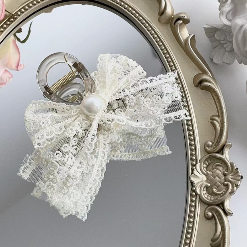 Faux Pearl Lace Bow Hair Claw