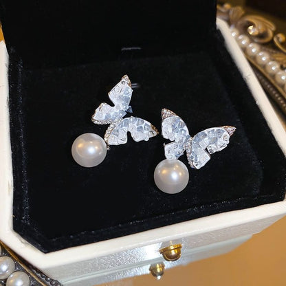 / Crystal Butterfly Pearl Earring Floral Faux Stud Alloy (Various Designs)