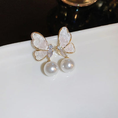 / Crystal Butterfly Pearl Earring Floral Faux Stud Alloy (Various Designs)