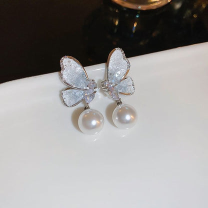 / Crystal Butterfly Pearl Earring Floral Faux Stud Alloy (Various Designs)