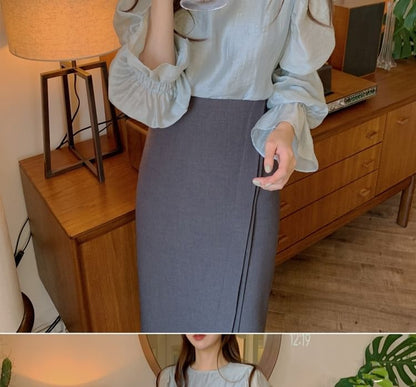 Long-Sleeve Crew Neck Plain Blouse