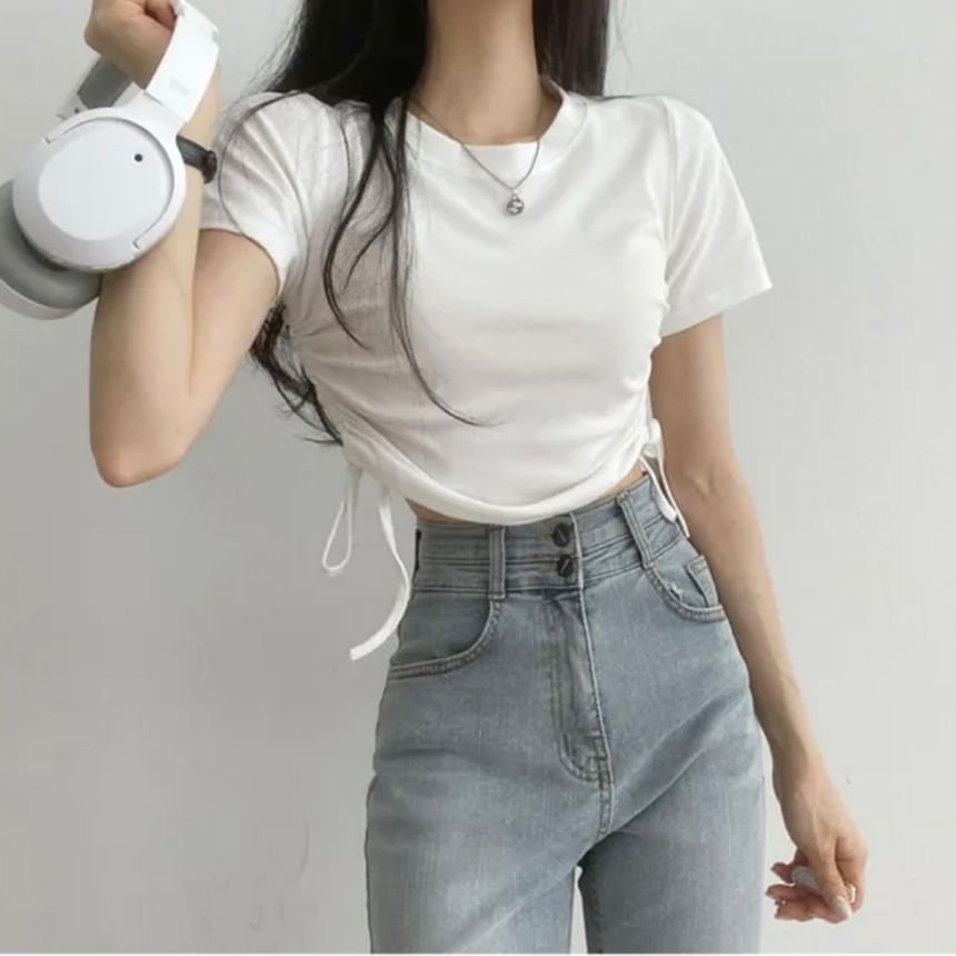 Short-Sleeve Round Neck Plain Drawstring Crop T-Shirt