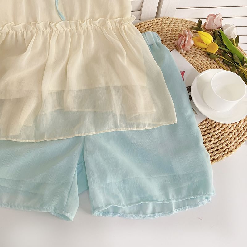 Set: Short-Sleeve Collared Two Tone Flowy Top + Mid Rise Shorts