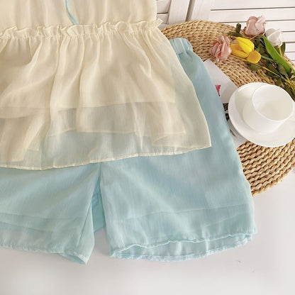 Set: Short-Sleeve Collared Two Tone Flowy Top + Mid Rise Shorts