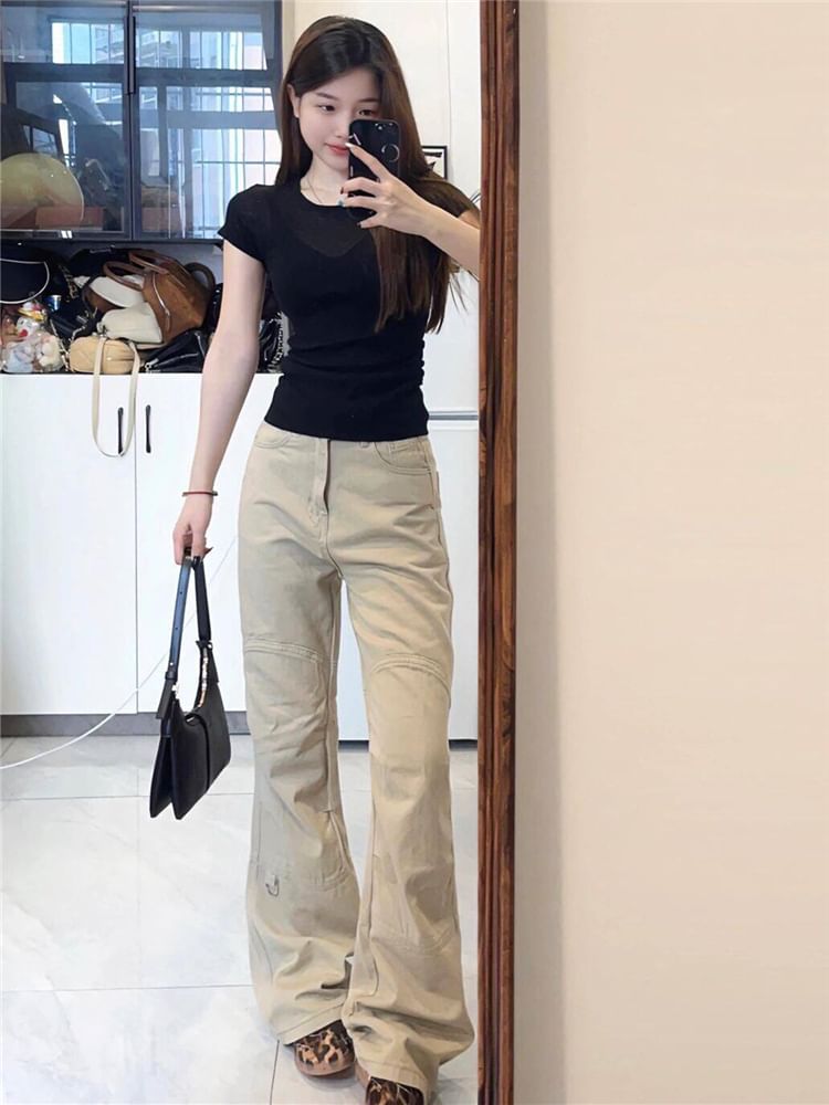 High Waist Plain Flared Cargo Pants (Various Designs)