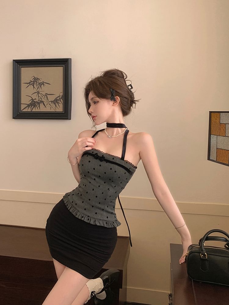 Halter-Neck Top Dotted Trim Ruffle Bow