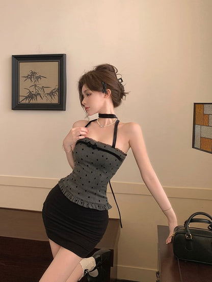 Halter-Neck Top Dotted Trim Ruffle Bow