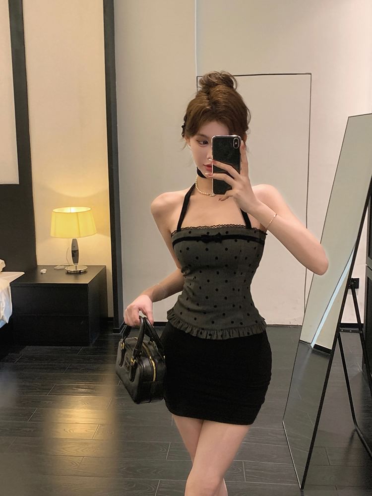 Halter-Neck Top Dotted Trim Ruffle Bow