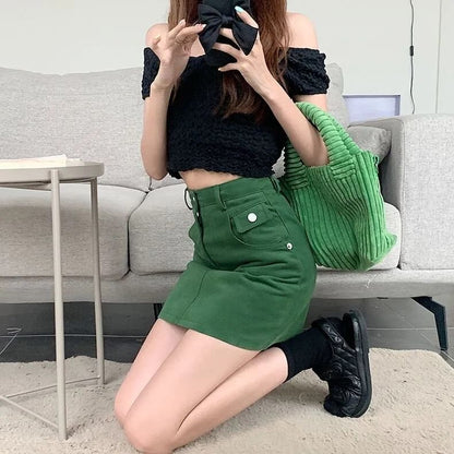 Skirt High Mini Denim Plain A-Line Waist