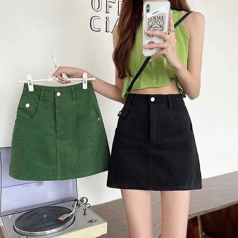 Skirt High Mini Denim Plain A-Line Waist