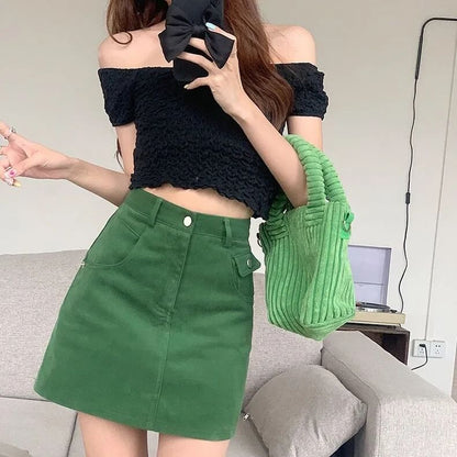 Skirt High Mini Denim Plain A-Line Waist