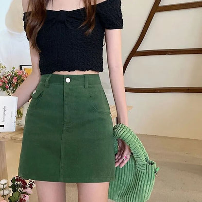 Skirt High Mini Denim Plain A-Line Waist