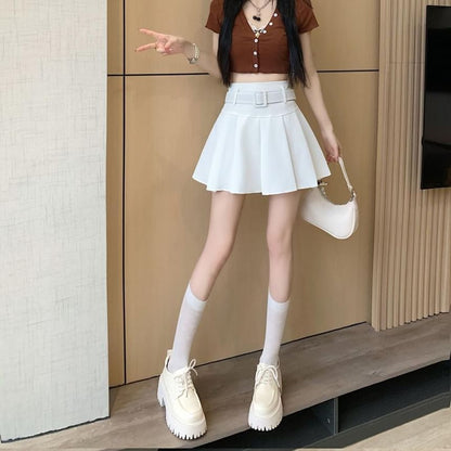 / Undershorts Belt A-line Plain Mini Skirt Pleated Waist High Set