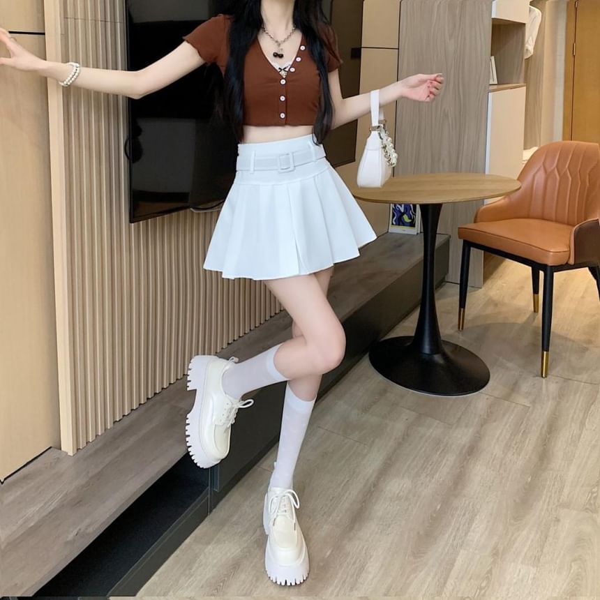 / Undershorts Belt A-line Plain Mini Skirt Pleated Waist High Set