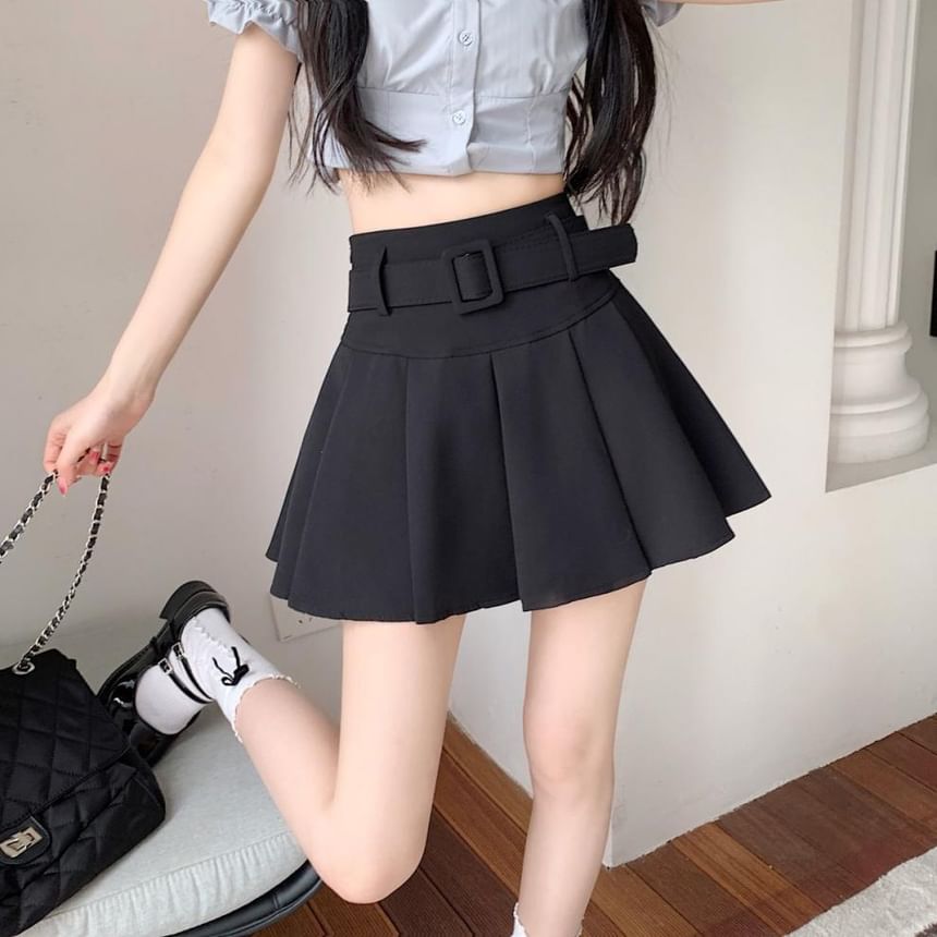 / Undershorts Belt A-line Plain Mini Skirt Pleated Waist High Set