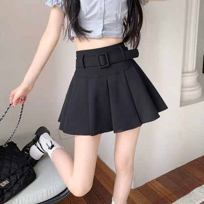 / Undershorts Belt A-line Plain Mini Skirt Pleated Waist High Set