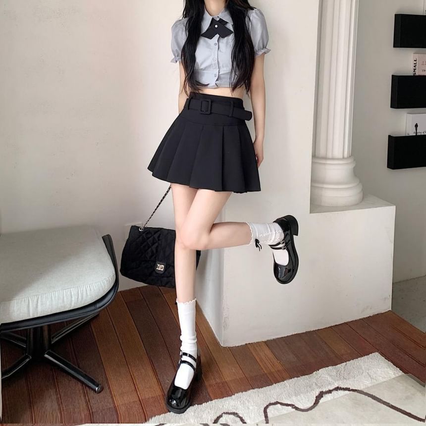 / Undershorts Belt A-line Plain Mini Skirt Pleated Waist High Set