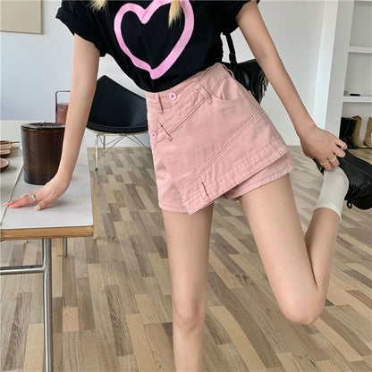 High Waist Asymmetrical Denim Skort